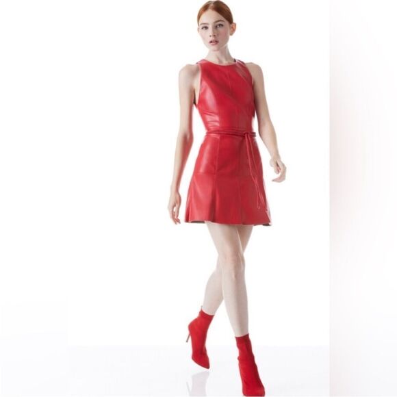 ALICE & OLIVIA LEANDRA VEGAN LEATHER MINI DRESS - Picture 1 of 8